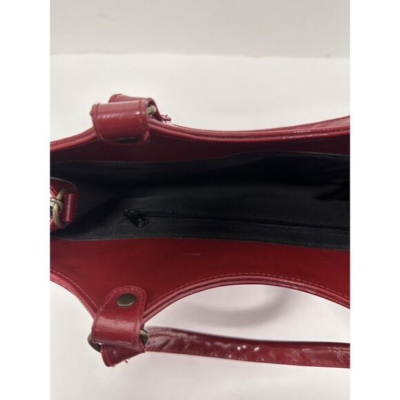 Vintage 80s Victory Red Patent Leather Hand Bag Satchel Floral Purse 14" x 8.5" - Picture 5 of 6